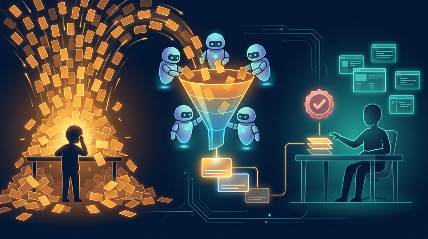 A story from left to right. On the left, a flood of blank amber alert cards piles up around a faceless silhouette at a desk. In the middle, five small friendly robot agents sort the flood through a funnel into a short stack of three ranked cards. On the right, the silhouette sits calm at a tidy desk, with a rose approval seal with a check mark above the ranked stack and safe teal web page windows behind.